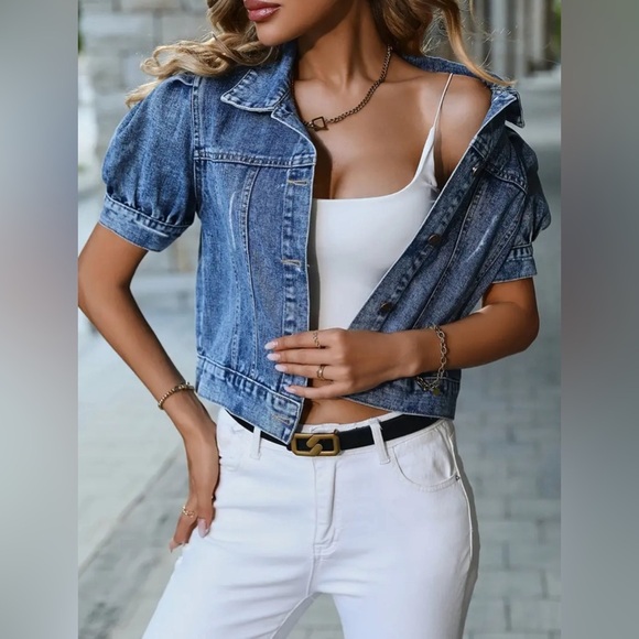 Blue Cropped Jean Jacket with Rolled Sleeves - Picture 3 of 5